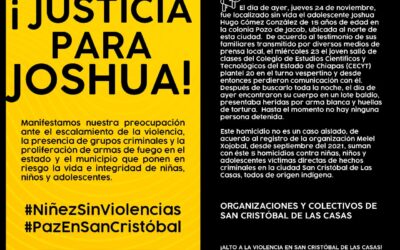 PRONUNCIAMIENTO CONJUNTO: Condenamos y repudiamos el asesinato de Joshua de 15 años y exigimos al Estado medidas que protejan la vida e integridad de niñas, niños y adolescentes en San Cristóbal de Las Casas￼